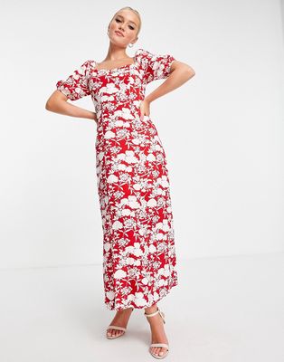 In The Style x Jac Jossa flutter sleeve midi dress with thigh split in red floral print-Multi