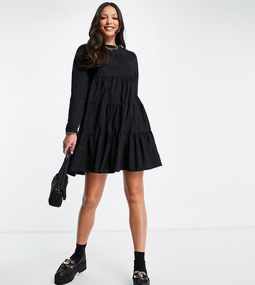 ASOS DESIGN Tall cotton poplin tiered long sleeve mini smock dress in black