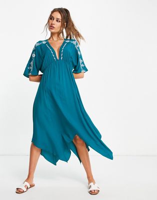 En Crème V-neck midi smock dress with embroidery detail in teal-Blues