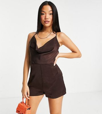 Missguided Petite cowl neck romper with twist back in brown