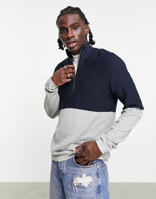 Jack & Jones Originals 1/4 zip color block sweat in navy & gray