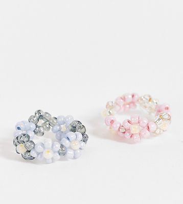 Pieces exclusive 2 pack beaded rings in pink and blue-Multi