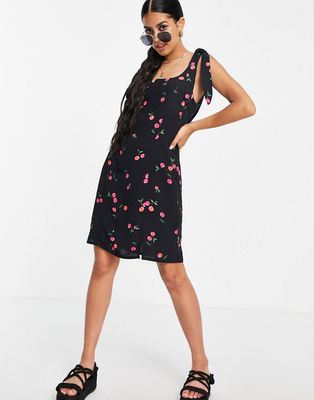 Nobody's Child square neck mini dress with tie shoulders in cherry floral-Black