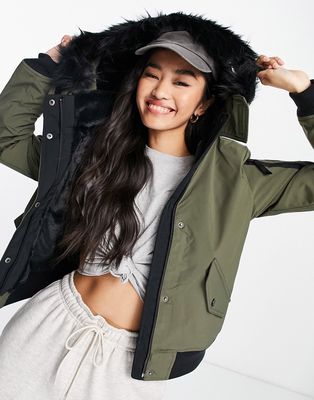 Hollister cropped parka jacket with faux fur hood in khaki-Green