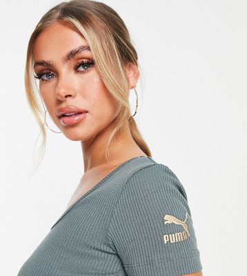 Puma square neck ribbed crop top in deep green