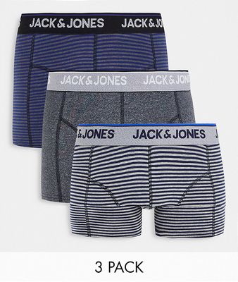 Jack & Jones 3 pack logo trunks in heather stripe-Gray