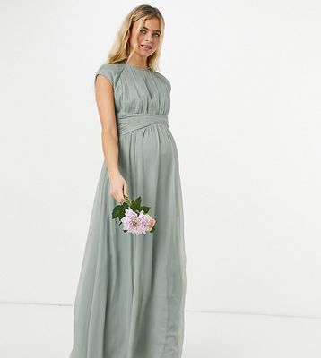 ASOS DESIGN Maternity Bridesmaid ruched bodice maxi dress with cap sleeve detail in olive-Green