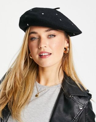 Accessorize wool beret with star detail studs-Black