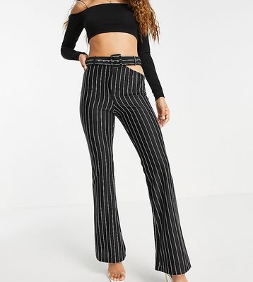 ASOS DESIGN Petite jersey 00s suit flare pants with cut out detail in pinstripe-Multi