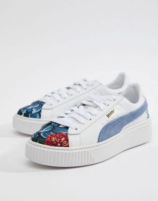Puma Suede Platforms In White With Embrodiery