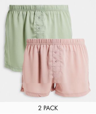ASOS DESIGN 2 pack crinkle fabric boxer in pastel green & pink-Multi