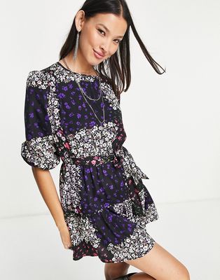 Violet Romance tie waist mini dress in patchwork floral print-Multi