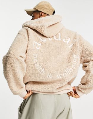 ASOS Actual oversized hoodie in teddy borg with 'health and wellbeing' embroidery in beige-Neutral