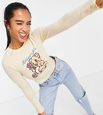 Topshop Petite kindness bear long sleeve t-shirt in beige-Neutral