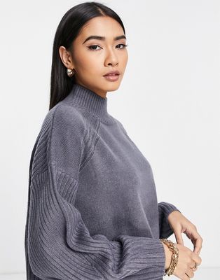 River Island rib sleeve high neck sweater in dark gray