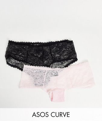 ASOS DESIGN Curve 2 pack lace high-waist briefs in black & pink-Multi