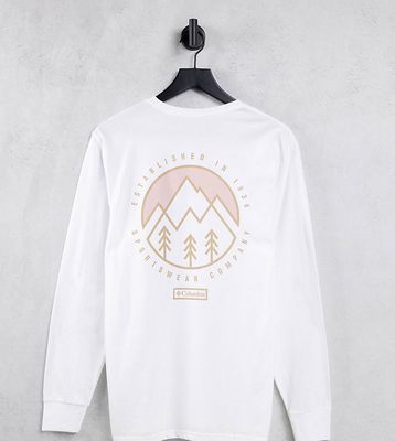 Columbia Cades Cove long sleeve back print t-shirt in white Exclusive at ASOS