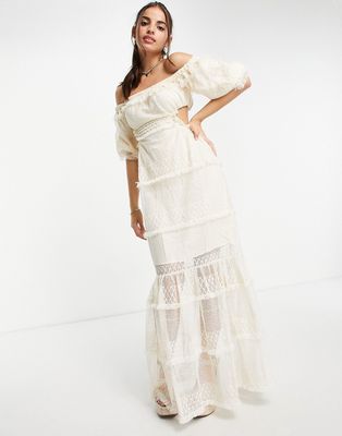 Skylar Rose off shoulder maxi dress in lace tiers-White