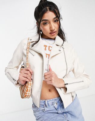 Miss Selfridge faux leather zip front moto jacket in cream-White