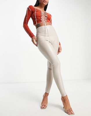 Missy Empire high waist leather look legging in ecru-Neutral