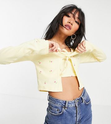 Missguided Petite ribbed cardigan & cami crop top set in yellow floral