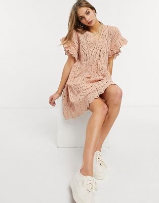 Y.A.S frill sleeve smock dress in pink-Red