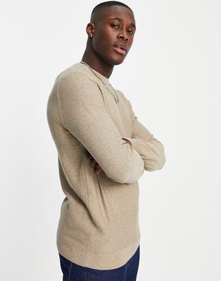 Jack & Jones Premium textured panel sweater in beige-Neutral