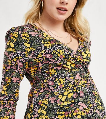Mamalicious Maternity wrap front top in micro-floral-Multi
