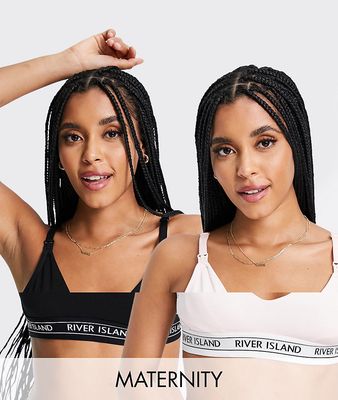 River Island Maternity 2-pack elastic logo band bras in black and pink