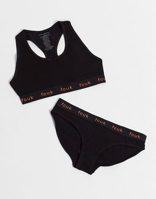 French Connection fcuk logo bra and brief set in black