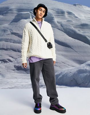 ASOS DESIGN cable knit half zip sweater in ecru-Neutral