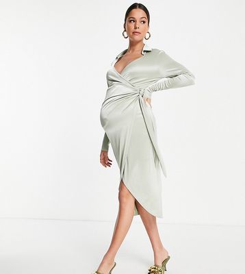 ASOS DESIGN Maternity satin shirt midi dress with tie waist in sage-Multi