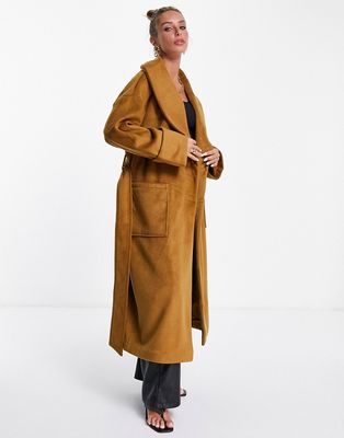 Pretty Lavish oversized collar smart wrap tie coat in camel-Brown