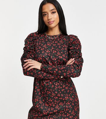 River Island Petite floral puff sleeved mini dress in black-Red