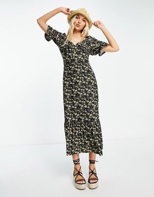 QED London sweetheart neckline midaxi dress in floral print-Multi