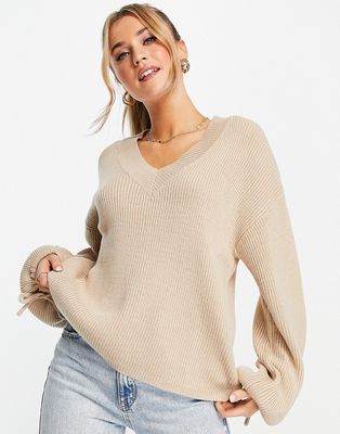 In The Style x Billie Faiers balloon sleeve oversized sweater in stone-Neutral