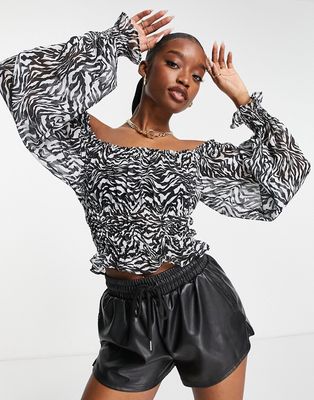 Trendyol bardot blouse in zebra print-Black