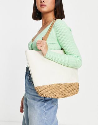 My Accessories London tote bag with weave and canvas mix-Neutral