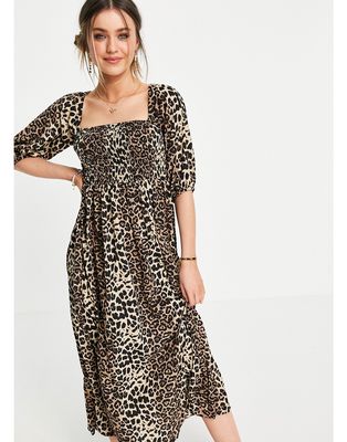 Lola May shirred front tie neck smock dress in leopard print-Multi