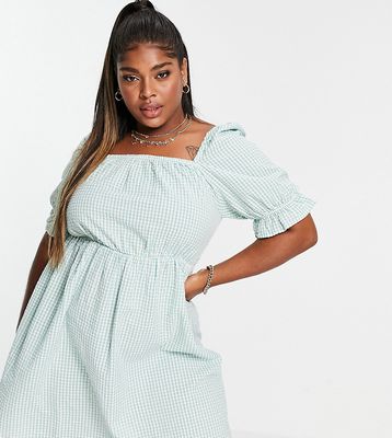 Only Curve mini dress with square neck and puff sleeve in green gingham-White
