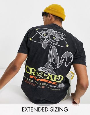 Crooked Tongues T-shirt with crooked cat mix print in washed black
