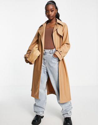 Aria Cove full oversized maxi trench coat with tie waist detail in tan-Neutral