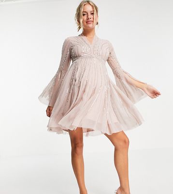 ASOS DESIGN Maternity skater embellished mini with flared sleeve-Pink