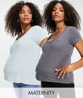 River Island Maternity scoop neck 2 pack t-shirts in charcoal and green-Multi