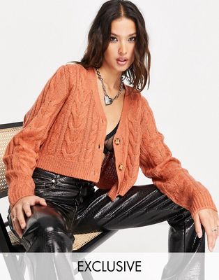 Reclaimed Vintage Inspired cropped cable cardigan in rust-Brown
