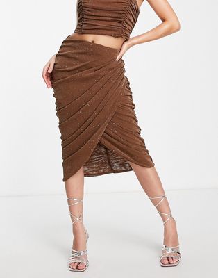 Rare London ruched mesh midi skirt in camel - part of a set-Neutral