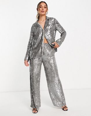 ASOS EDITION sequin pajama shirt in gray-Grey