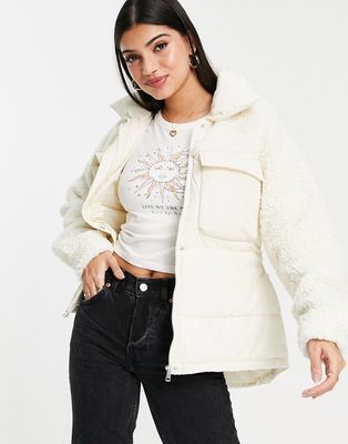 Pieces mixed padded and sherpa jacket with belted waist in cream-White