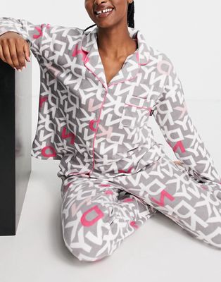 DKNY cozy stretch fleece gift wrapped logo printed revere pajama set in gray/pink
