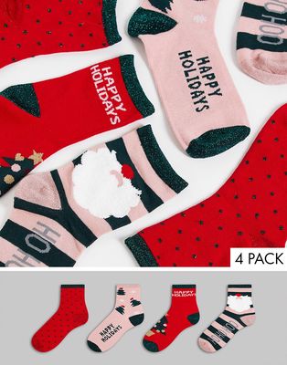 Vero Moda 4-pack Christmas socks in red & pink-Multi